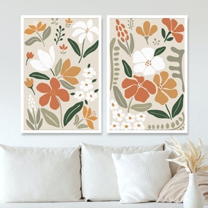 Boho Wall Art Prints with Flowers in Neutral Colors, Set of 2, For Living Room, Dining Room, Bedroom and above the bed, Home Decor Gifts