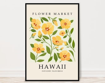 Hawaii Yellow Hibiscus Flower Market Art Print, Hawaii State Flower Poster, Flower Retro Wall Art, Floral Botanical Print, Wildflower Print