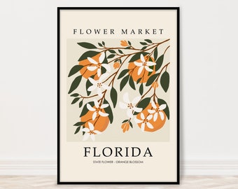 Flower Market Art Print, Florida Orange Blossom State Flower Wall Art Poster, Neutral Botanical Artwork, Retro Flower Print Poster, Custom