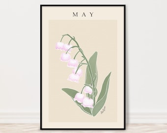May include: A printable art print featuring a stylized illustration of a lily of the valley flower in shades of pink and green. The print has the word "MAY" at the top and the word "Lilium" at the bottom.