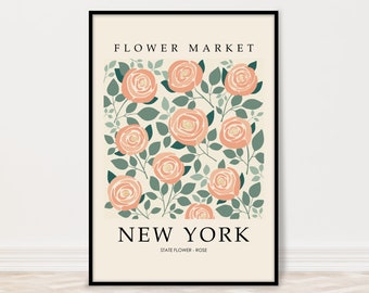 Flower Market Art Print, New York Rose Wall Art, State Flower Poster, Floral Botanical Wall Art, New York Retro Flower Market Art Decor