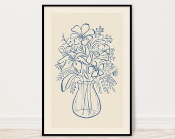 Blue Wildflower Bouquet in Vase Line Art Print | Floral Botanical Wall Art In Brown Beige Pink Blue | 5x7, 8x10, 11x14, 16x20, 18x24, 24x36