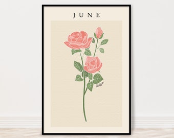 May include: A printable art print featuring a stylized illustration of pink roses with green leaves and stems. The text "JUNE" is at the top of the print.