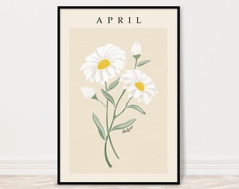 April Daisy Birth Month Flower Print | Personalized Birth Flower Poster | Custom White Floral Art | 5×7, 8×10, 11×14, 16×20, 18×24, 24×36