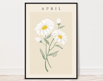 April Daisy Birth Month Flower Print | Personalized Birth Flower Poster | Custom White Floral Art | 5×7, 8×10, 11×14, 16×20, 18×24, 24×36