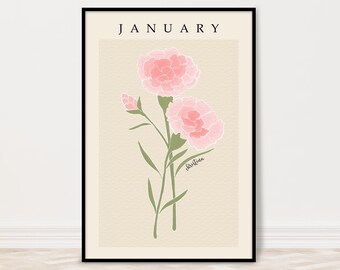 May include: A printable poster with a black frame featuring a pink carnation flower with the word "JANUARY" at the top and the word "Dianthus" at the bottom.