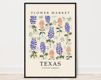 Texas Flower Market Print, Bluebonnet and Indian Paintbrush Flowers, State Flower Art, City Flower Art, Large Texas Wall Art, Poster & Print