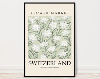 Switzerland Edelweiss Flower Market Art Print | National Flower Poster | Flower Market Poster | Size 5x7, 8x10, 11x14, 16x20, 18x24, 24x36
