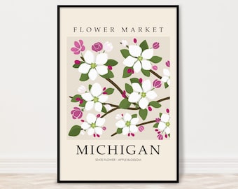 Michigan Flower Market Print with Apple Blossom, State Flower Art Prints, Flower Market Poster, Size 5x7, 8x10, 11x14, 16x20, 18x24, 24x36