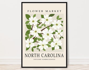 North Carolina Dogwood Flower Market Art Print, Flowering Dogwood Wall Art, North Carolina Gift, State Flower Artwork, Botanical Poster