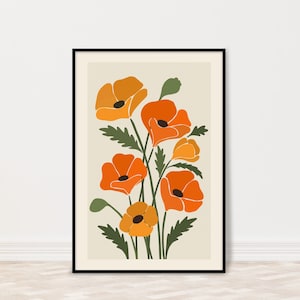 May include: A framed art print featuring a stylized illustration of orange poppies with black centers and green leaves. The flowers are set against a cream-colored background, and the artwork is enclosed in a black frame. The overall aesthetic is modern and minimalist.