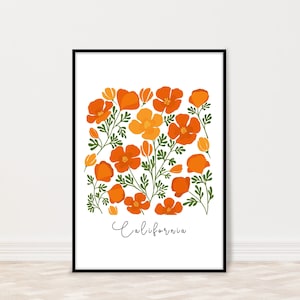 California Poppy Flower Art Print, California Flower Market Print,  Watercolor Poppy Flower Wall Art, Personalized State Flower Poster