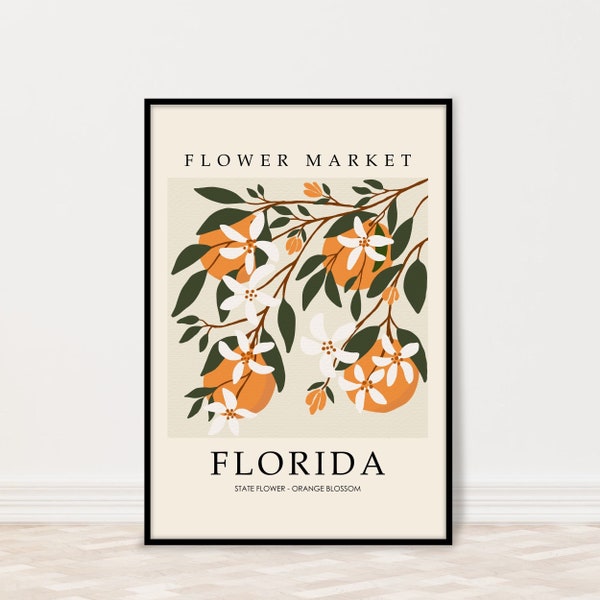 Flower Market Art Print, Florida Orange Blossom State Flower Wall Art Poster, Neutral Botanical Artwork, Retro Flower Print Poster, Custom