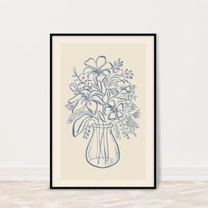 Blue Wildflower Bouquet in Vase Line Art Print | Floral Botanical Wall Art In Brown Beige Pink Blue | 5x7, 8x10, 11x14, 16x20, 18x24, 24x36