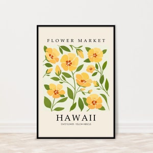 Hawaii Yellow Hibiscus Flower Market Art Print, Hawaii State Flower Poster, Flower Retro Wall Art, Floral Botanical Print, Wildflower Print