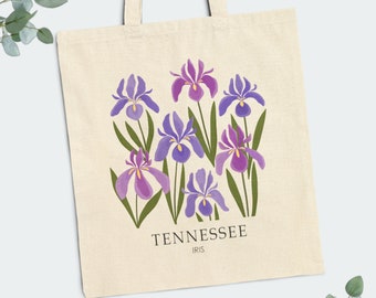 Tennessee Tote Bag with Iris | 15" x 16" | Custom Cotton Canvas State Flower Tote Bag | Shopping Books Birthday Bachelorette Wedding Gift