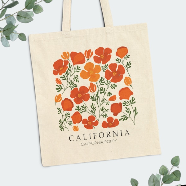 California Poppy Cotton Canvas Tote Bag | 15" x 16" | California State Flower Tote Bag | Floral Art Tote Bag | California Travel Gifts