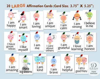 Puede incluir: Veinte tarjetas de afirmación con ilustraciones coloridas de personajes de dibujos animados con mensajes positivos. Cada tarjeta mide 9,5 cm por 13,3 cm.