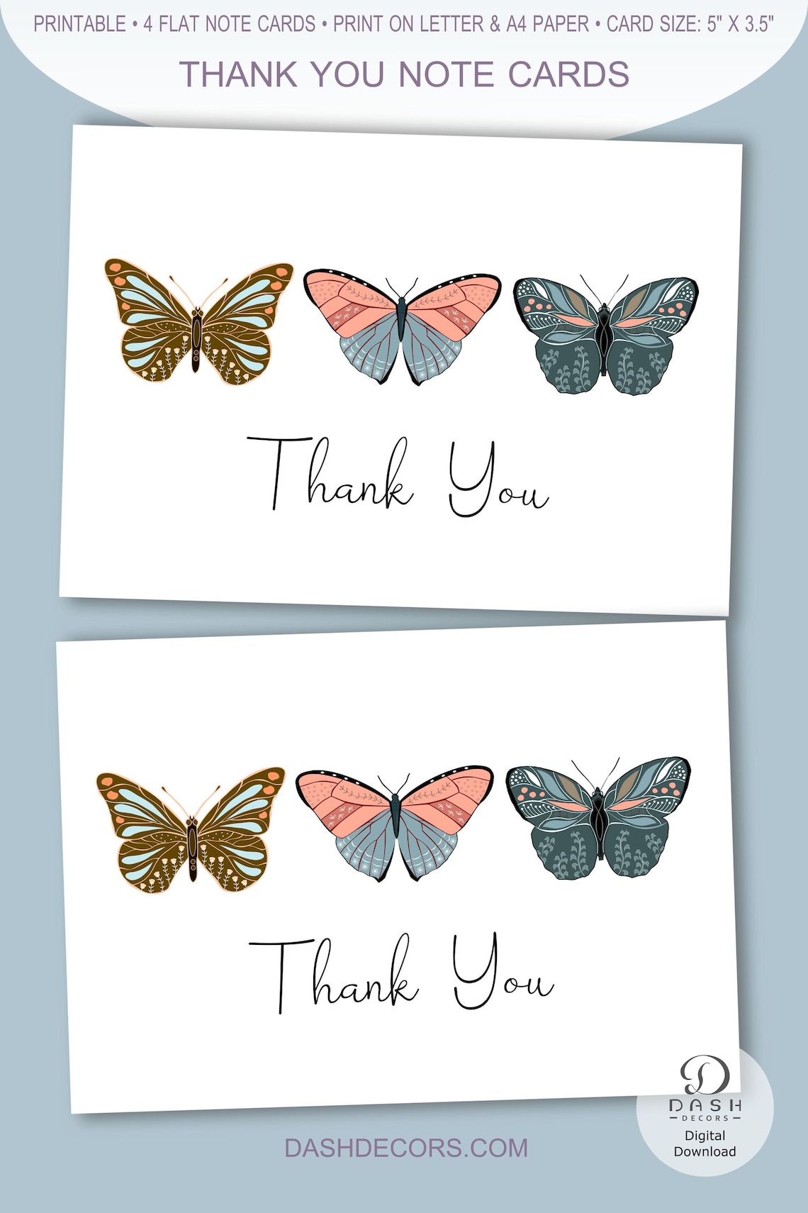Printable Butterfly Thank You Note Card One-sided Butterfly Thank You Note Card for Baby Shower ...