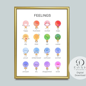 Peut inclure: Un tableau imprimable avec des visages de dessins anim&eacute;s color&eacute;s repr&eacute;sentant diff&eacute;rents sentiments. Le tableau est intitul&eacute; "Sentiments" et comprend des mots comme "heureux", "triste", "en col&egrave;re", "peur", "fier", "inquiet", "ennuy&eacute;", "timide", "d&eacute;&ccedil;u", "aim&eacute;", "stupide", "fatigu&eacute;", "excit&eacute;", "confus", "g&ecirc;n&eacute;".