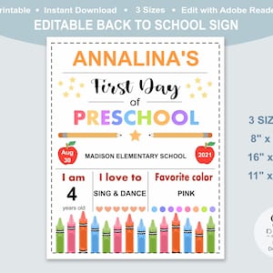 Letrero editable del primer día de clases para preescolar - Letrero personalizado del primer día de clases - Letrero de regreso a la escuela - Escuela imprimible -Imprimible