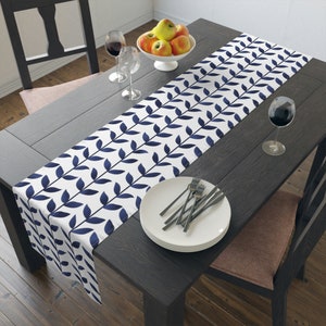 Blue Leaves Table Runner, White Table Runner in 16x72 and 16x90, Boho Dining Table Table Runner, Console Table Runner, Kitchen Table Runner