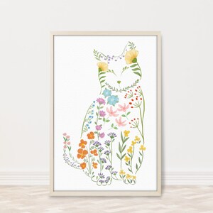 Wildflowers Cat Wall Art Print | Cute Floral Cat Poster Gifts for Cat ...