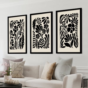 Black Wildflower Art Prints, Set of 3, Botanical Dark Floral Print Set, Boho Abstract Retro Large Flower Print Wall Art Set, Matisse Print
