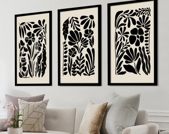 Black Wildflower Art Prints, Set of 3, Botanical Dark Floral Print Set, Boho Abstract Retro Large Flower Print Wall Art Set, Matisse Print