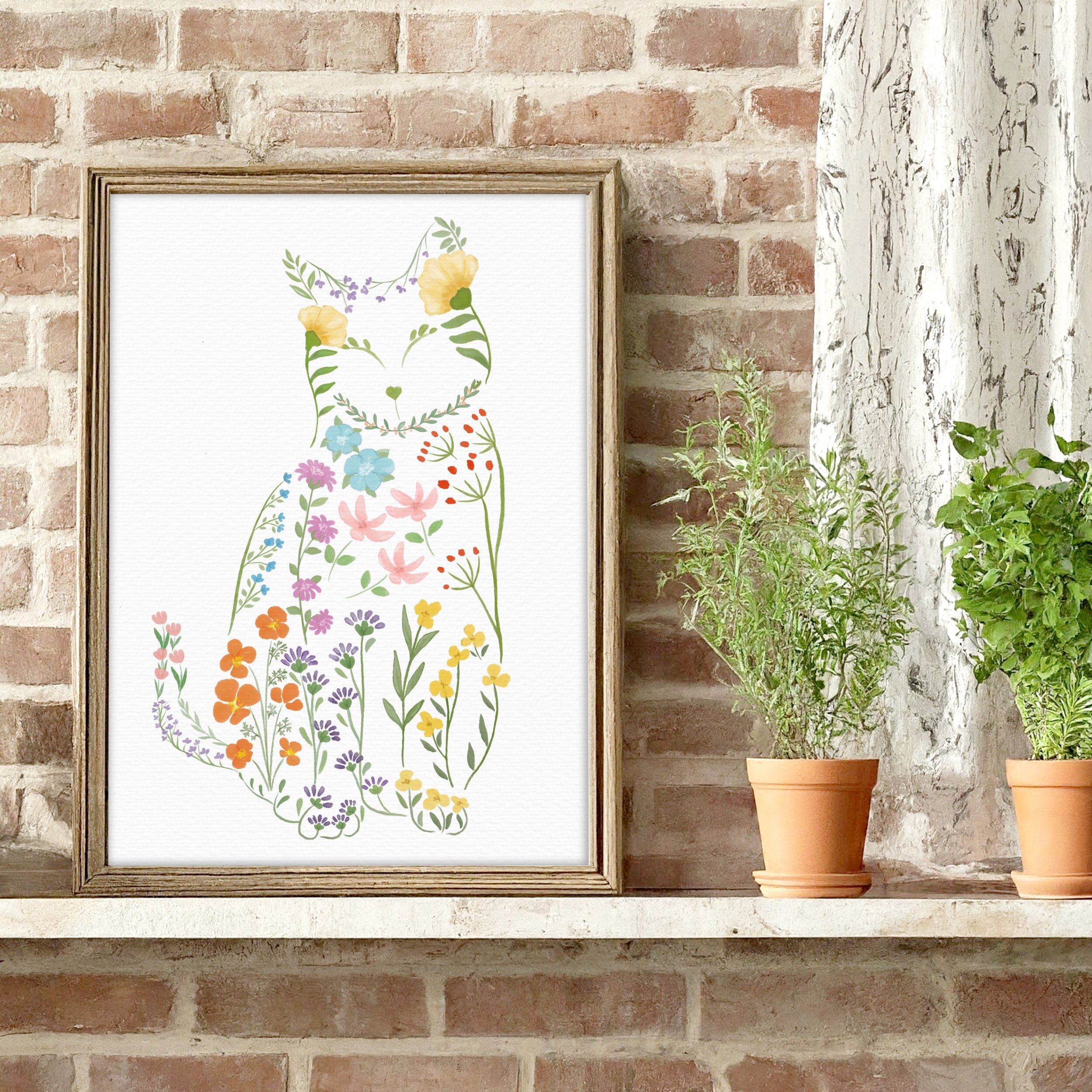 Wildflowers Cat Wall Art Print | Cute Floral Cat Poster Gifts for Cat ...
