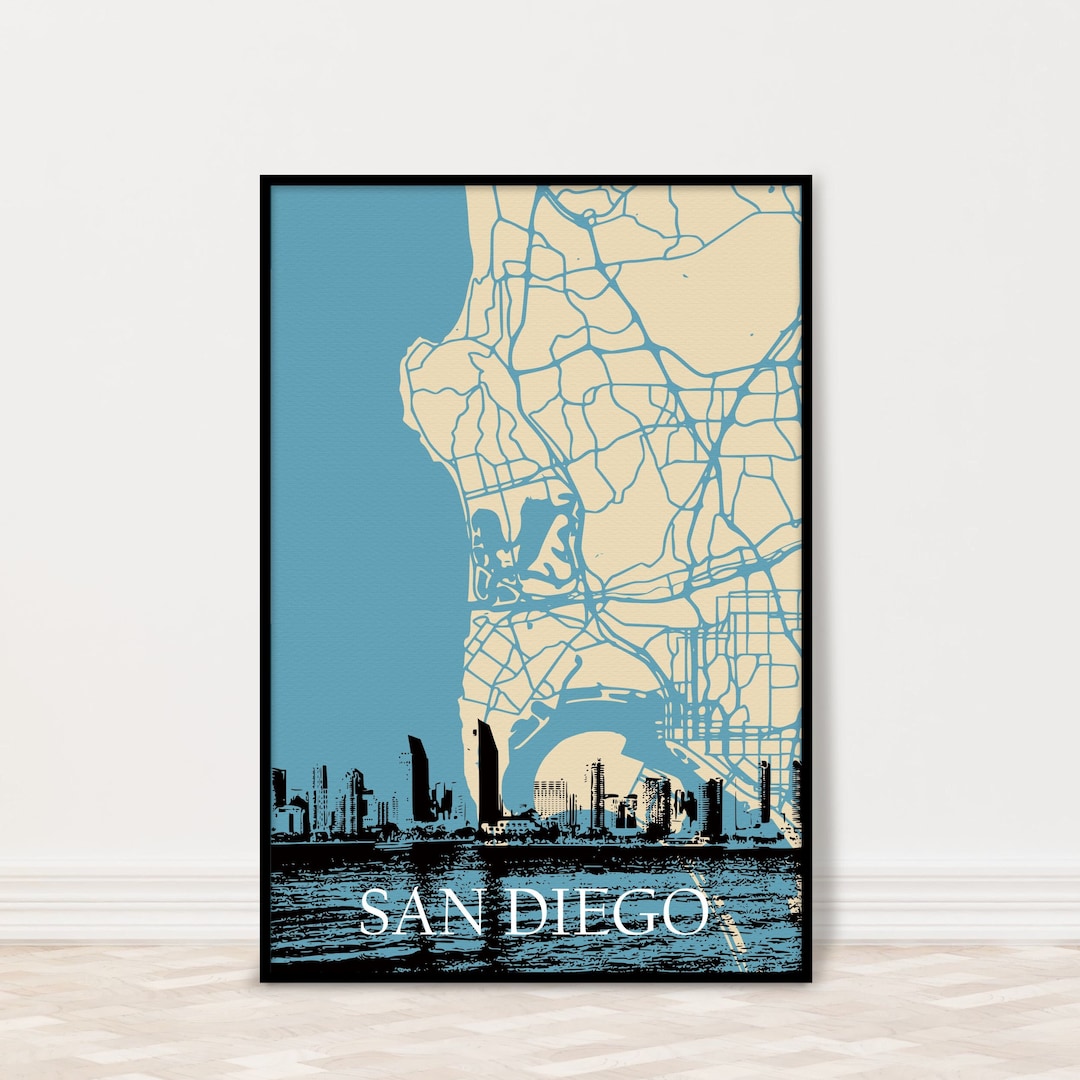 San Diego Wall Art | City Map Print With San Diego Skyline | Blue Black ...