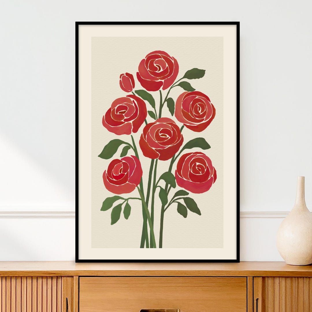 Red Roses Floral Wall Art Print | Retro Botanical Flower Wall Art ...