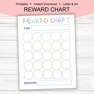 May include: Printable reward chart with a colorful design. The chart has a space to write "For" and a space to write "Reward". There are 30 squares to color in.