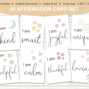 Conjunto de cartões de afirmação para crianças imprimíveis para crianças e bebês - Conjunto de 48 - Cartões diários de afirmação, positividade e motivacionais - Digital