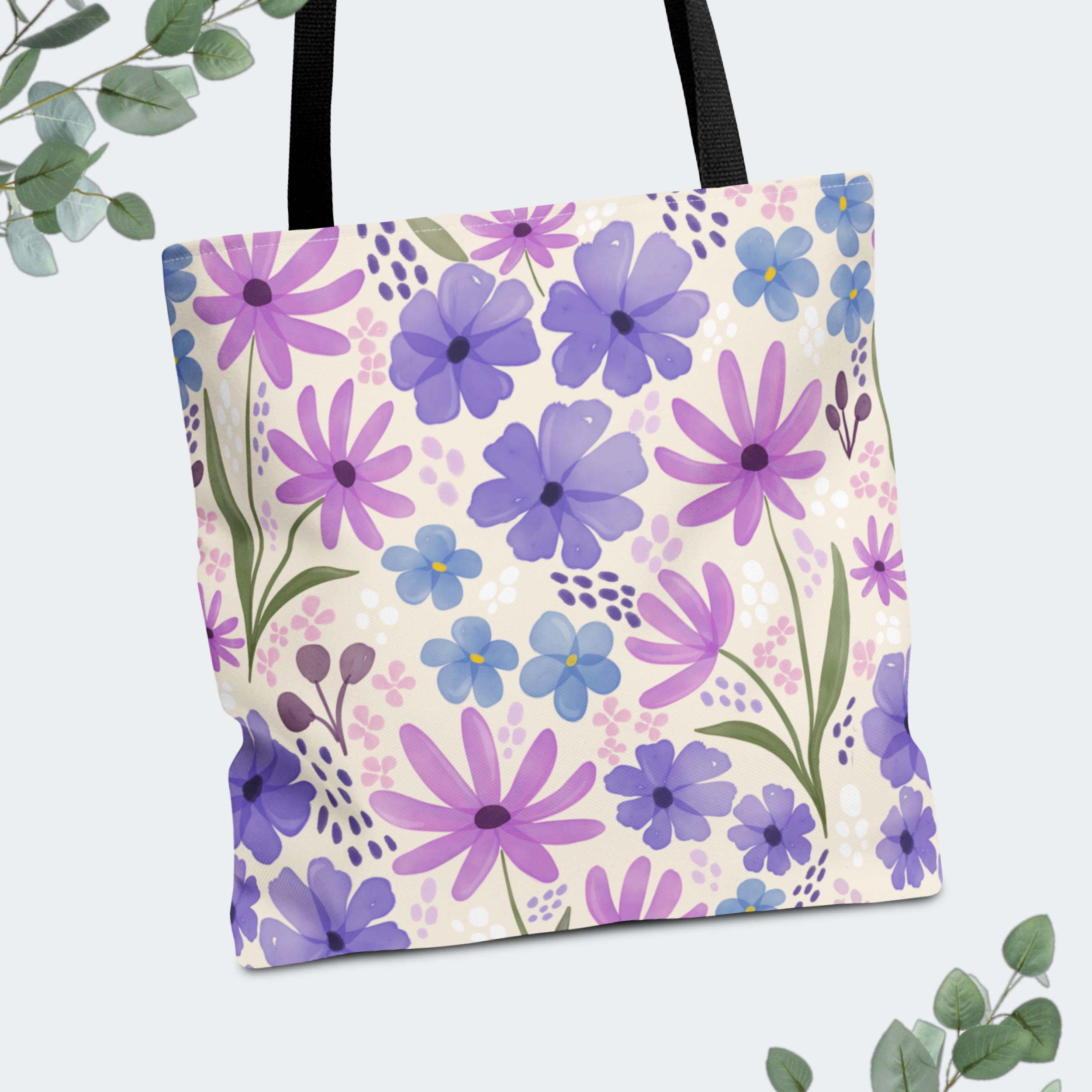Purple Flowers Canvas Tote Bag | Purple Pink Floral Art | Colorful