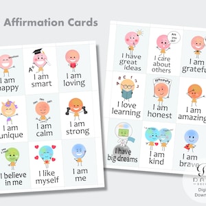 Puede incluir: Conjunto de 18 tarjetas de afirmaci&oacute;n imprimibles con personajes de dibujos animados coloridos con mensajes positivos. Las tarjetas incluyen frases como "Soy feliz", "Soy inteligente", "Soy amoroso", "Soy &uacute;nico", "Soy tranquilo", "Soy fuerte", "Creo en m&iacute;", "Me gusta a m&iacute; mismo", "Soy yo", "Tengo grandes ideas", "Me preocupo por los dem&aacute;s", "Estoy agradecido", "Me encanta aprender", "Soy honesto", "Soy incre&iacute;ble", "Tengo grandes sue&ntilde;os", "Soy amable", y "Soy valiente".