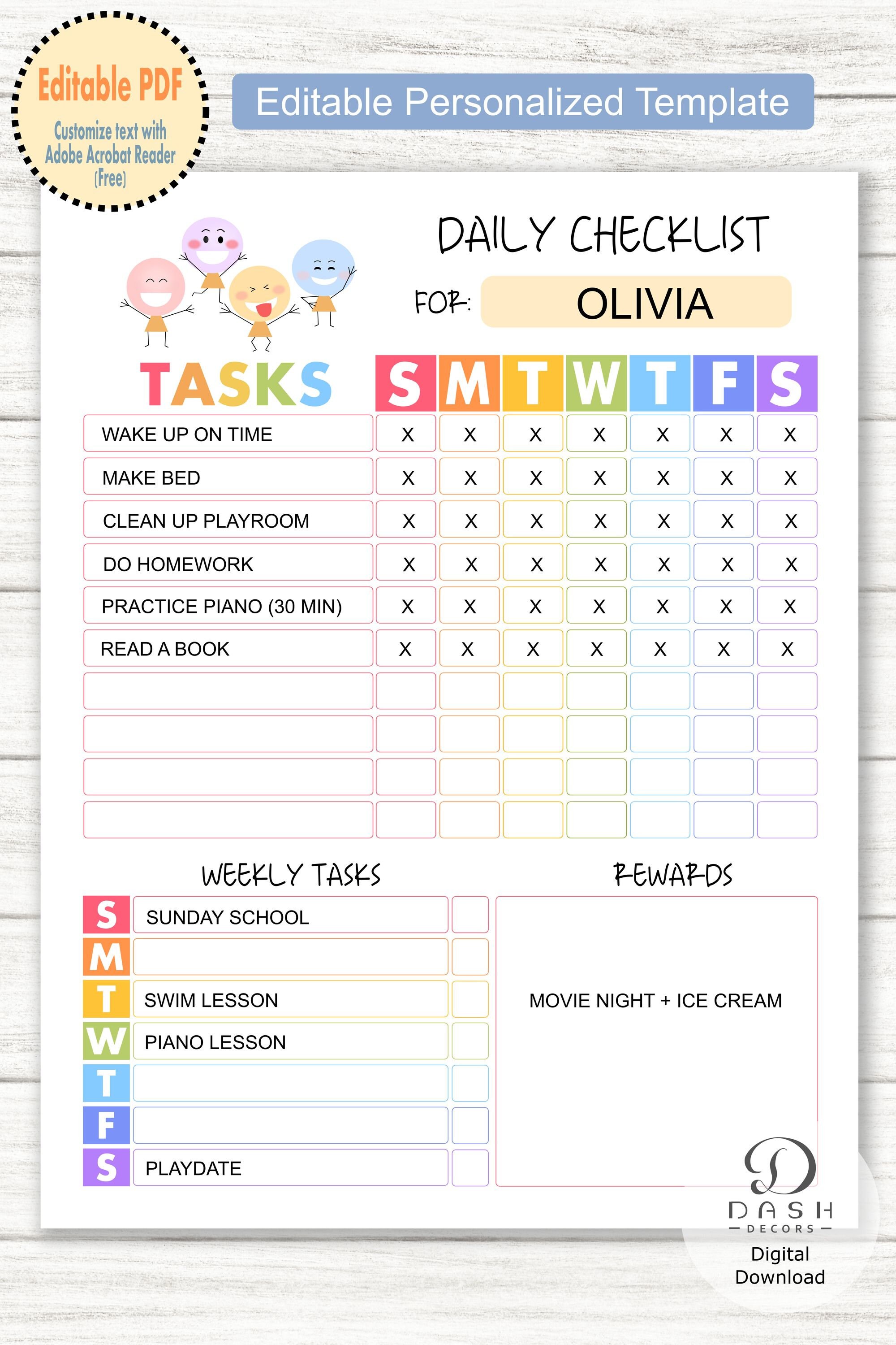 Editable Chore Chart for Kids Daily & Weekly Checklist With - Etsy