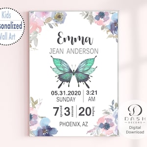 Personalized Baby Birth Stat Sign, Print & Wall Art for Girl - Printable Butterfly Floral Birth Announcement Sign For Nursery - Digital