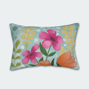 Floral Lumbar Pillow With Pink and Orange Flowers, Polyester Lumbar Throw Pillow with Pillow Cover for Living Room, Bed, Sofa, 20x14 inches