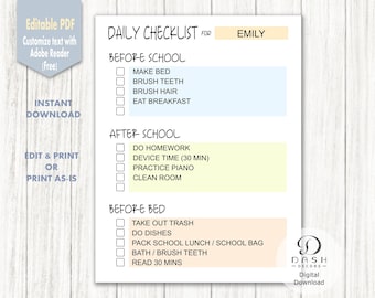 May include: A printable daily checklist for a child named Emily. The checklist is divided into three sections: Before School, After School, and Before Bed. Each section has a list of tasks to complete, such as making the bed, brushing teeth, doing homework, and reading for 30 minutes.