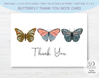 Printable Butterfly Thank You Note Card - One-Sided Butterfly Thank You Note Card for Baby Shower, Birthday Party, Bridal Shower, Gift Bag