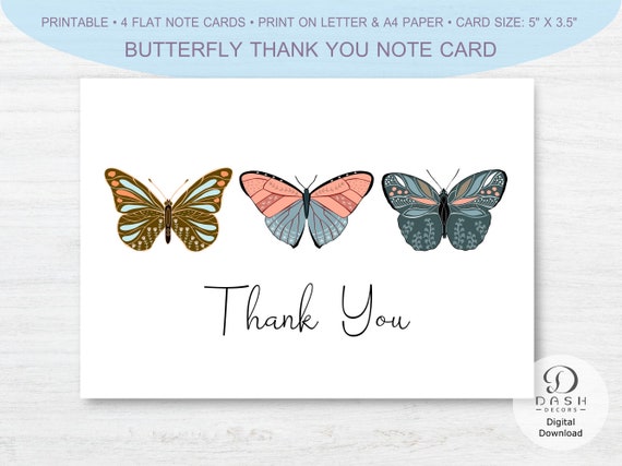 Printable Butterfly Thank You Note Card One-sided Butterfly | Etsy