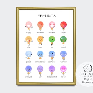 Peut inclure: Un tableau imprimable avec des visages de dessins anim&eacute;s color&eacute;s repr&eacute;sentant diff&eacute;rentes &eacute;motions. Le tableau est intitul&eacute; "Feelings" et comprend des mots comme "heureux", "frustr&eacute;", "excit&eacute;", "en col&egrave;re", "stupide", "fatigu&eacute;", "triste", "effray&eacute;", "fier", "g&ecirc;n&eacute;", "confus", "inquiet", "ennuy&eacute;", "timide", "d&eacute;&ccedil;u" et "aim&eacute;".