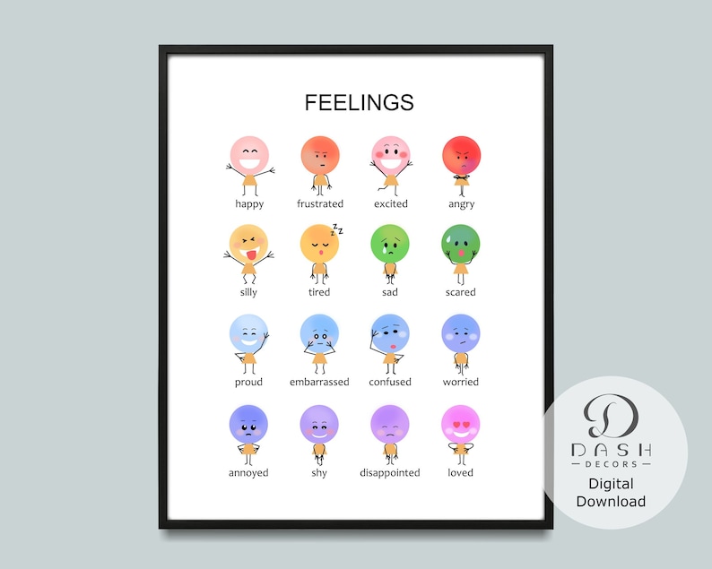 Peut inclure: Un tableau imprimable avec des visages de dessins anim&eacute;s color&eacute;s repr&eacute;sentant diff&eacute;rentes &eacute;motions. Le tableau est intitul&eacute; "Sentiments" et comprend des mots comme "heureux", "triste", "en col&egrave;re", "peur", "fier", "inquiet", "ennuy&eacute;", "timide", "d&eacute;&ccedil;u" et "aim&eacute;".