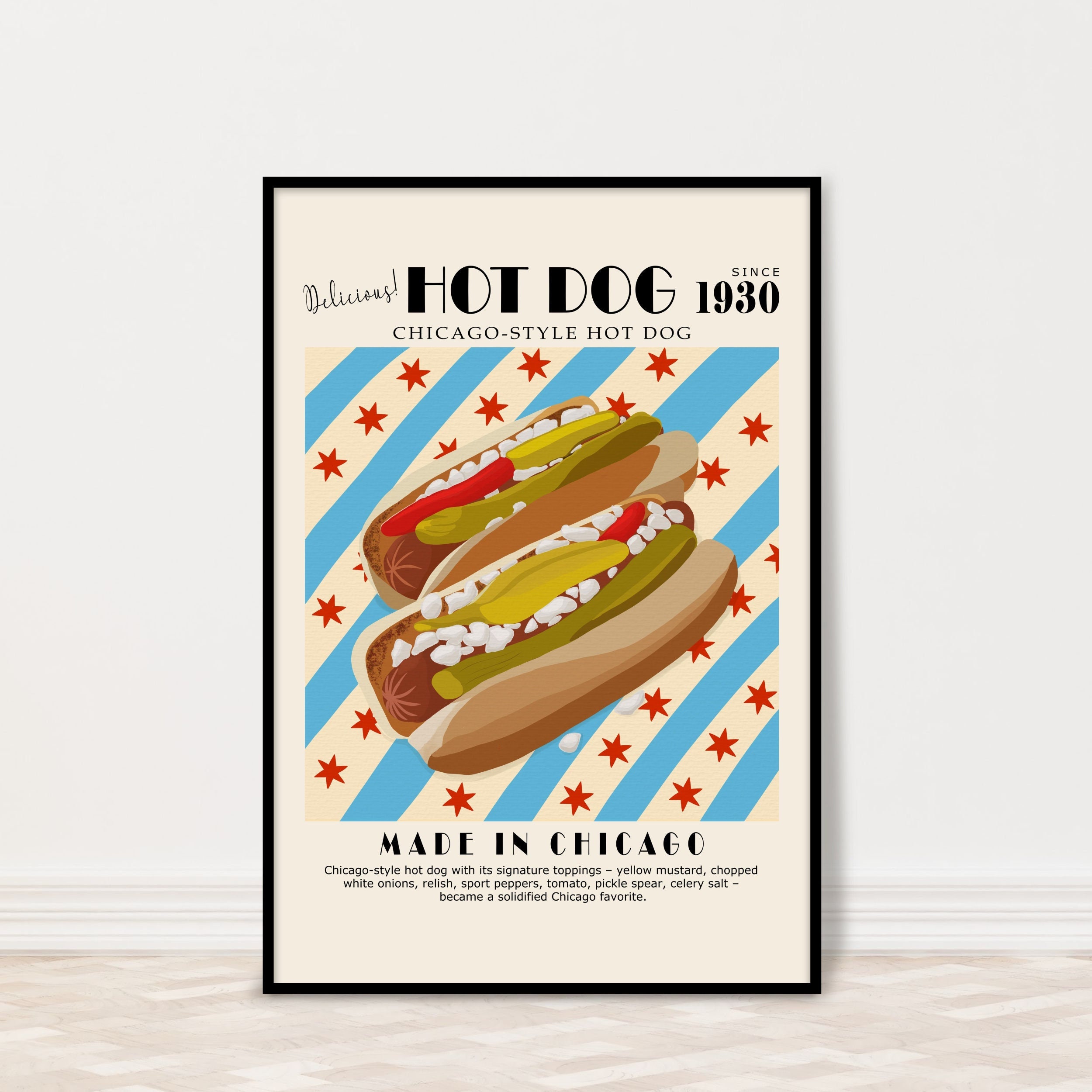 Chicago Wall Art with Chicago-Style Hot Dog Print | Retro Kitchen Dining Decor Food Poster| Housewarming Gift 5x7, 8x10, 11x14, 18x24, 24x36