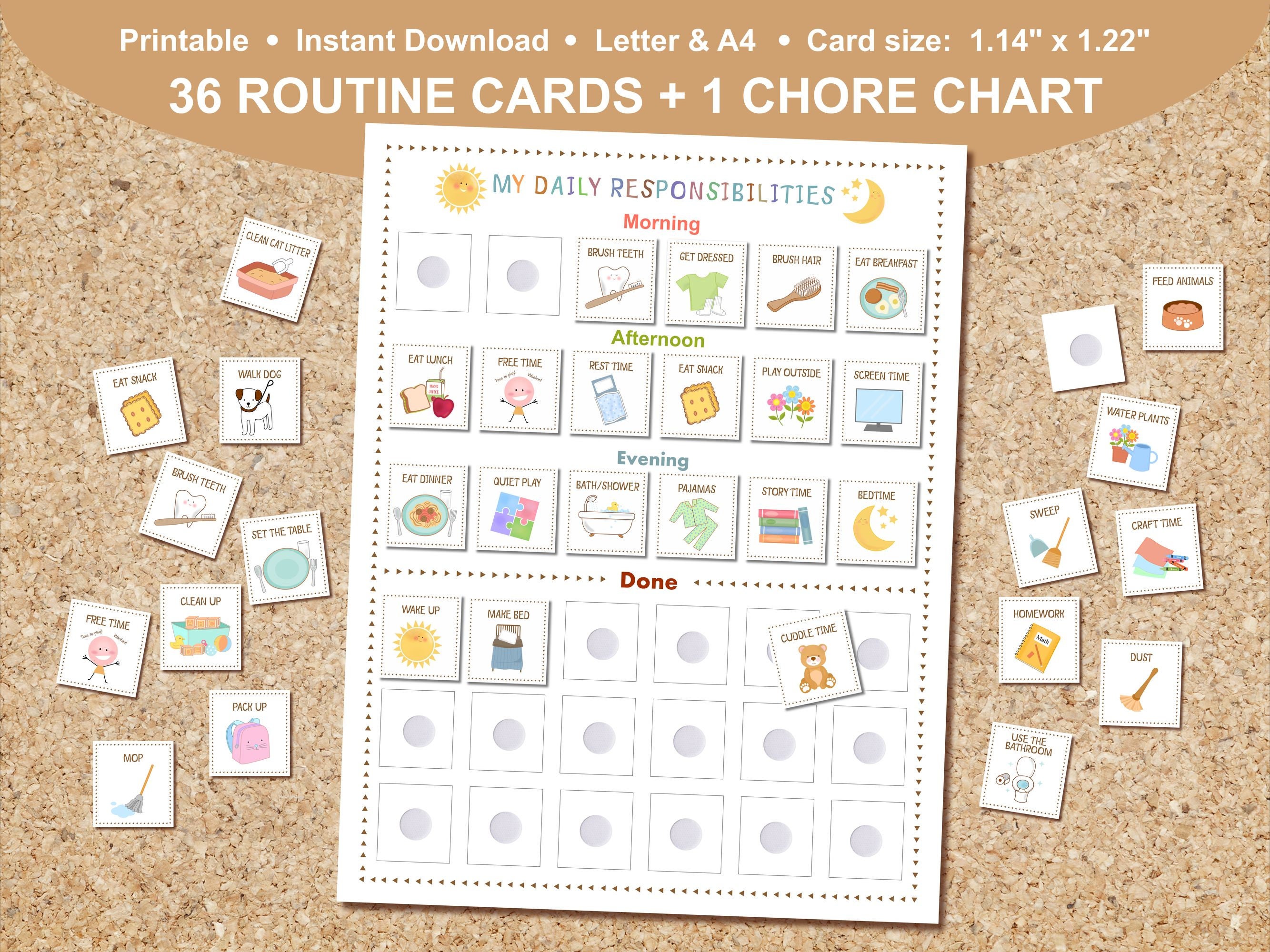 Visual Daily Responsibility Chart with Routine Cards for Kids - Printable Routine Chart for Toddler - Morning, Bedtime, Homeschool Routine