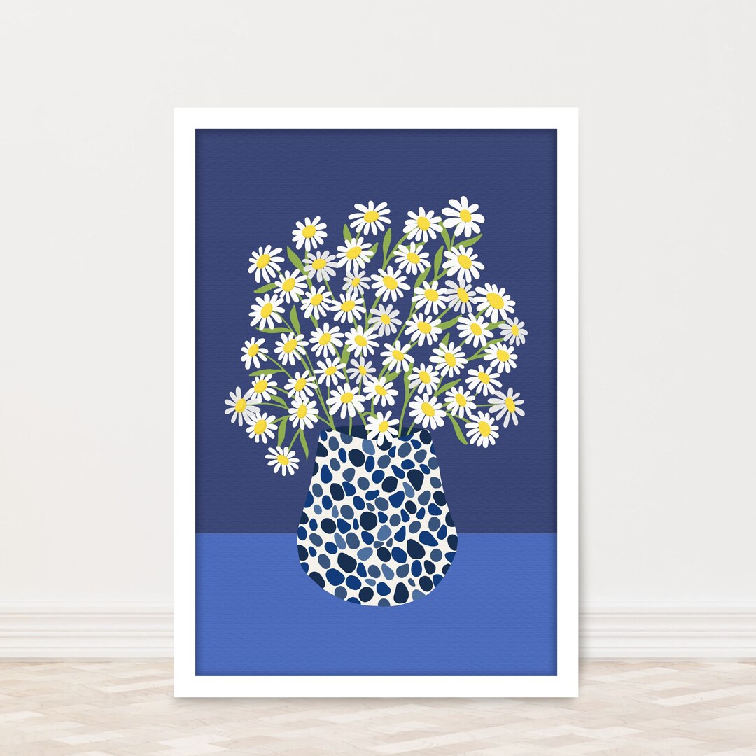 Daisy Flowers in A Vase Print | White and Blue Botanical Floral Wall ...