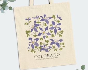 Colorado Blue Columbine Cotton Canvas Tote Bag | 15" x 16" | Personalized State Flower Tote Bag | Shopping, Birthday, Bachelorette, Wedding