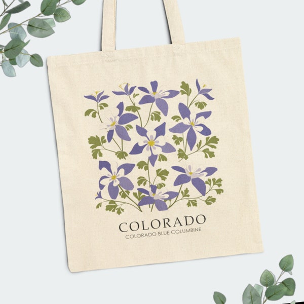 Colorado Blue Columbine Cotton Canvas Tote Bag | 15" x 16" | Personalized State Flower Tote Bag | Shopping, Birthday, Bachelorette, Wedding
