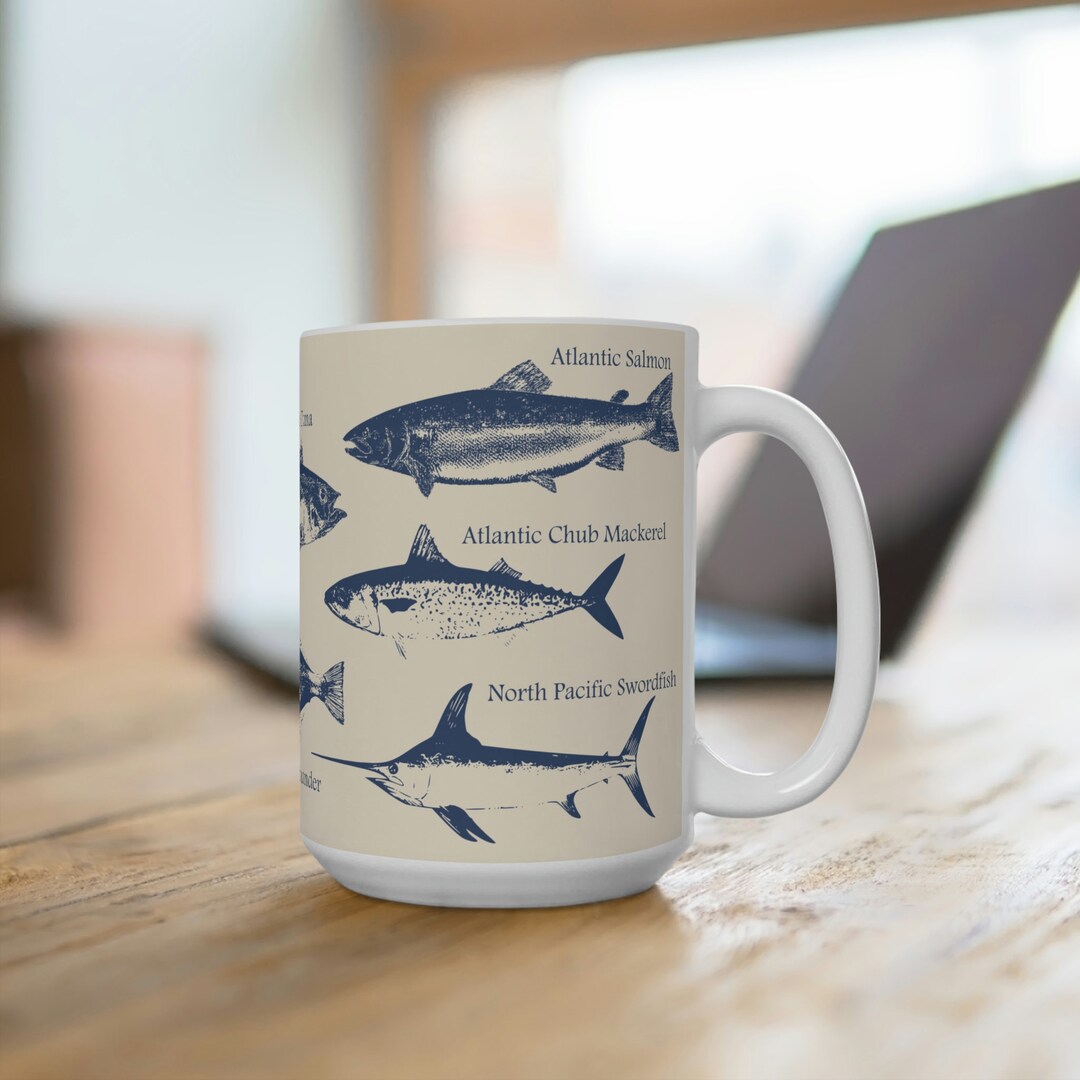 View of Blue Fish Coffee Mug 15oz, Large Handle Tea Mug, Birthday Gift for Dad ...